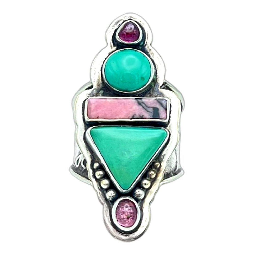 Tabra Jewelry 925 Silver Turquoise Pink Rhodonite Pink Turmaline Ring Sz 5 OOK51